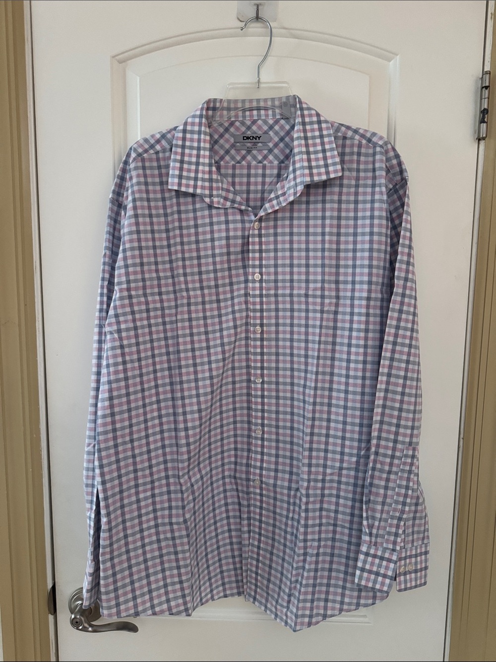 DKNY. Pink/Grey/White Long Sleeve,‎ Button Down Shirt. Sz-18-34/35.Slim Fit.